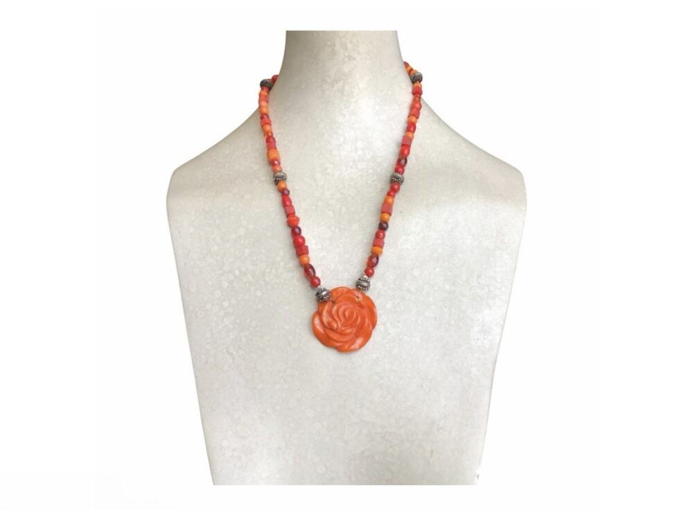 Boho Orange Red Beaded Necklace Resin Rose Pendant Statement Floral Necklace